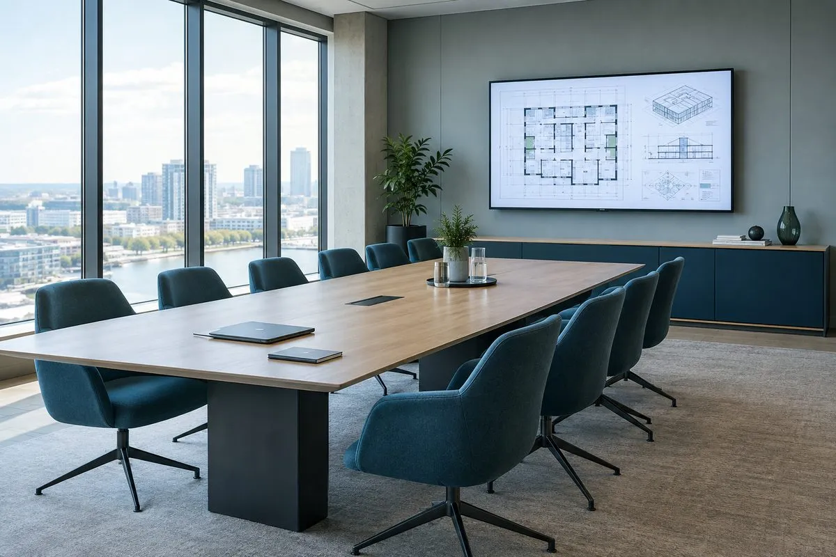 Meeting room with a wall-mounted monitor showing facility design drawings