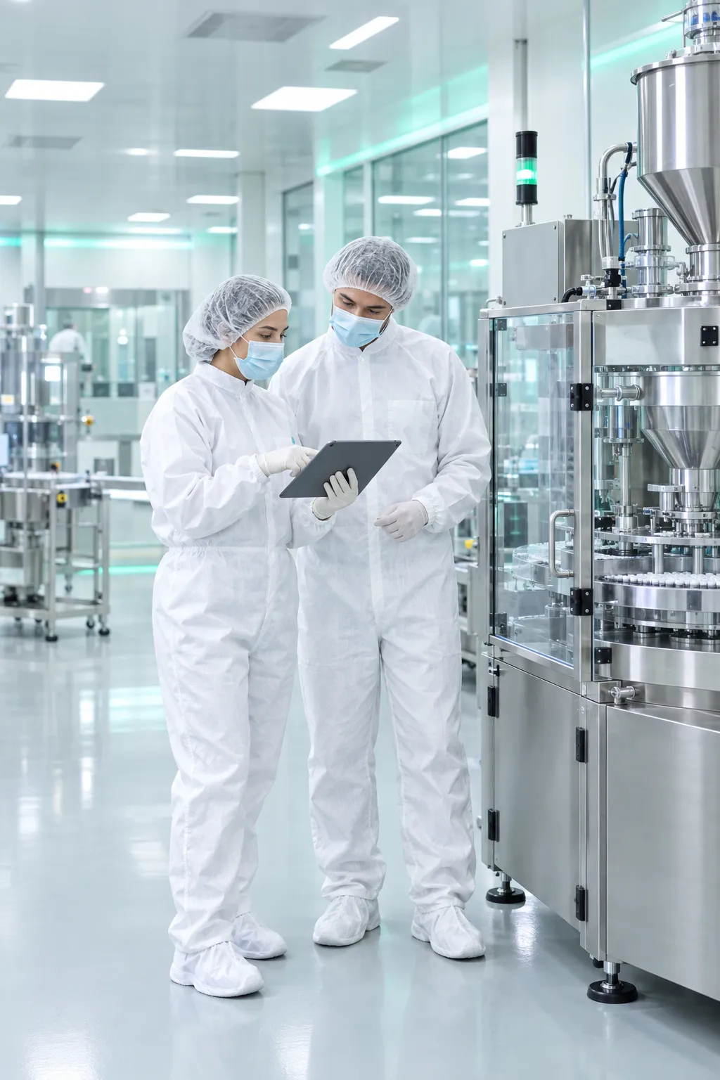 Two pharmaceutical engineers in cleanroom garments reviewing a tablet beside a stainless-steel filling machine
